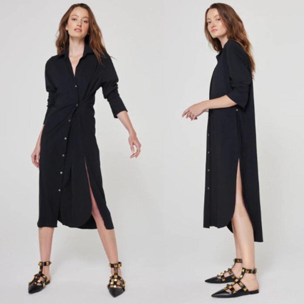 NWT Ona Olivia Long Sleeve Side Slits Oversized Convertible Shirt Dress Black - Picture 8 of 8